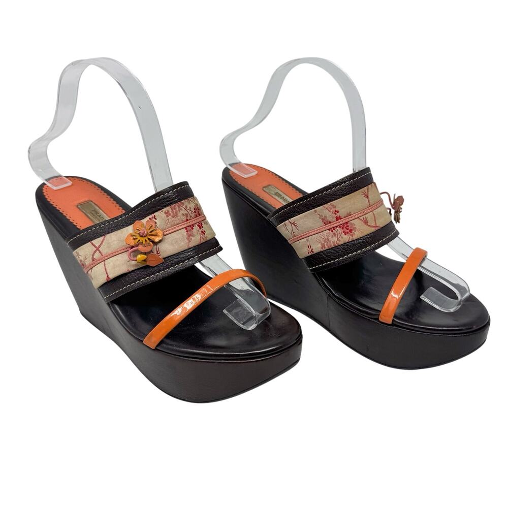 Prada Vintage Floral Fabric Platform Wedge Sandals Orange Patent Leather EU 38